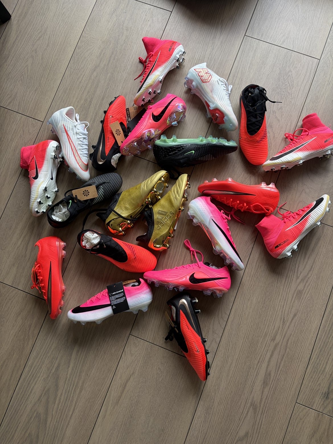 The new drop — boots laid out on the floor from the latest Yorkshire Bootroom delivery
